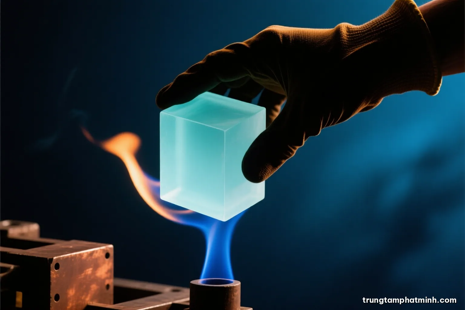 Silhouette of a gloved hand holding a pale bluish translucent block against a dark background, a blue flame beneath it, side lighting, deep navy and smoky blue palette