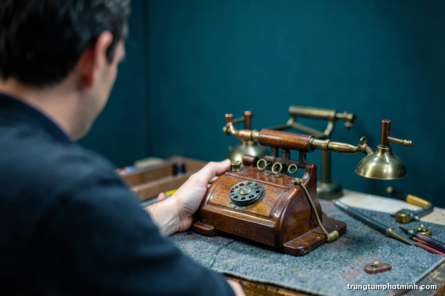 Over-the-shoulder view of a restorer handling an antique wooden telephone with brass fittings on a felt-covered workbench, shallow depth of field, cool museum light, deep teal background