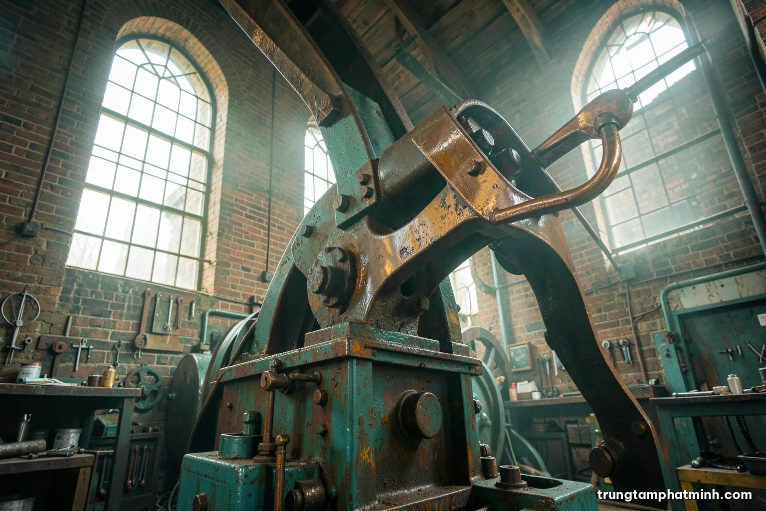 Low angle view of a massive restored beam engine inside a brick engine house, polished iron rocker arm against tall arched windows, soft morning haze, muted green and rust palette