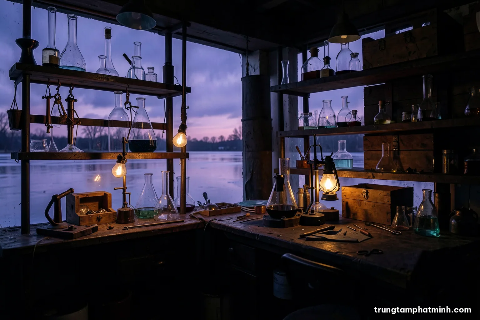 Silhouette of a nineteenth-century chemist's workshop at dusk beside a frozen lake, glass retorts and wooden crates on shelves, cold violet sky, warm lantern glow inside