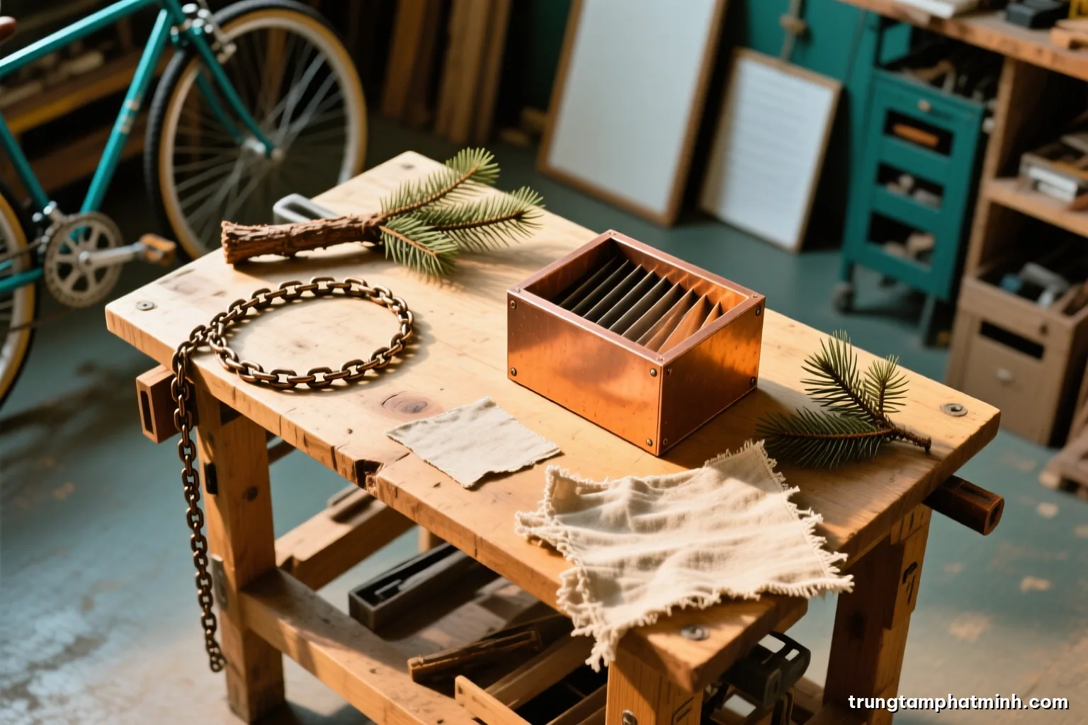 Top-down view of a small wooden workbench with bicycle chains, spruce ribs, linen fabric scraps and a hand-built rectangular wind box, warm afternoon light, honey and cream tones