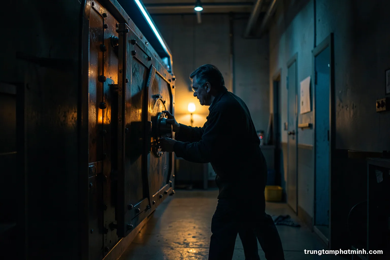 Silhouette of a researcher closing a heavy steel vault door in a dim laboratory corridor, cool blue rim light, single warm lamp behind, cinematic wide angle