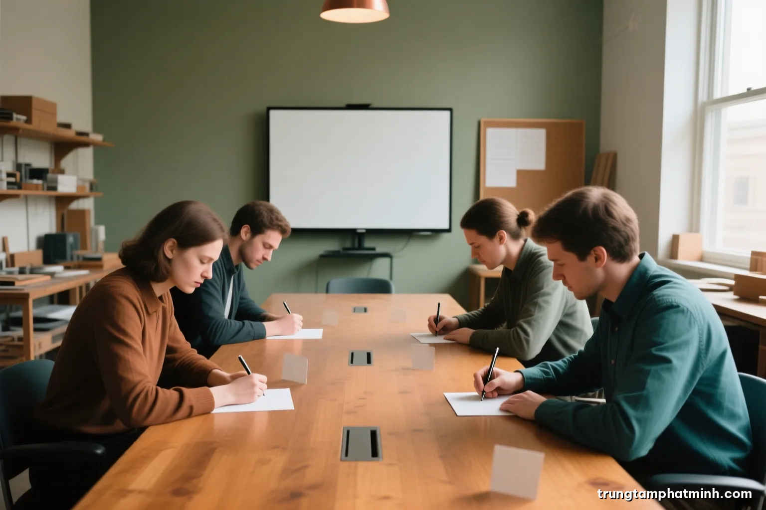 Wide shot of a quiet meeting room where five people silently write on blank cards around a long wooden table, faces turned away, soft north window light, muted olive and beige