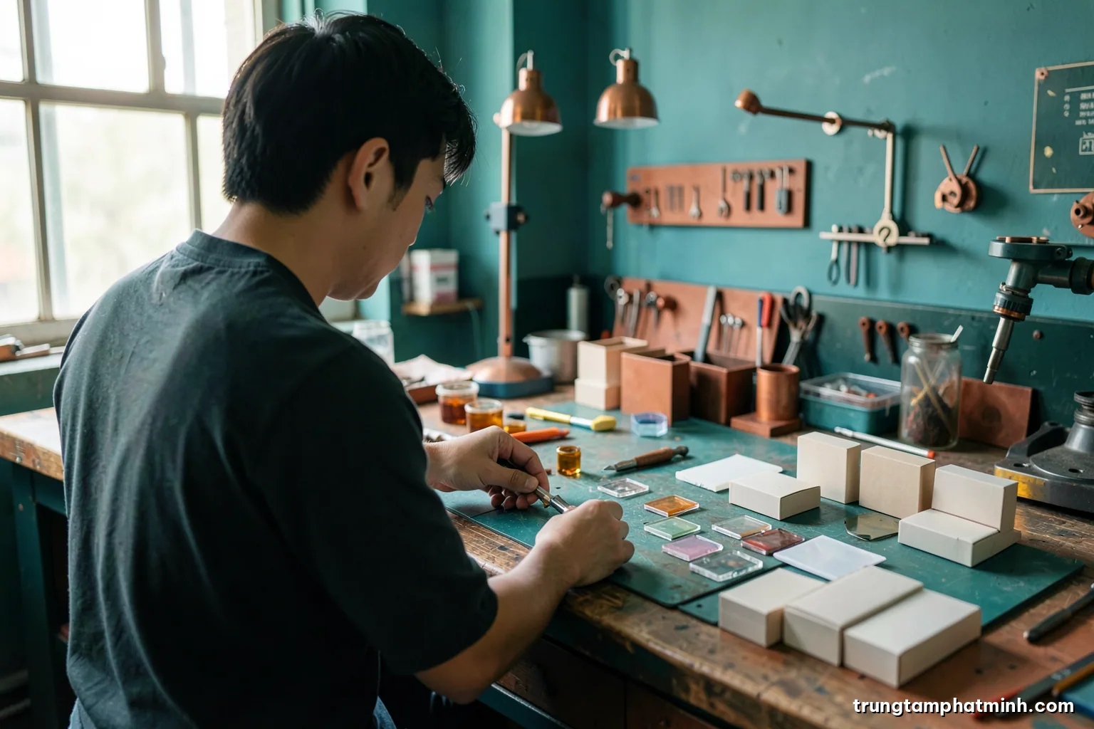 Over-the-shoulder shot of a young Vietnamese entrepreneur sorting product samples and blank packaging prototypes on a long workbench, morning window light, teal and terracotta palette