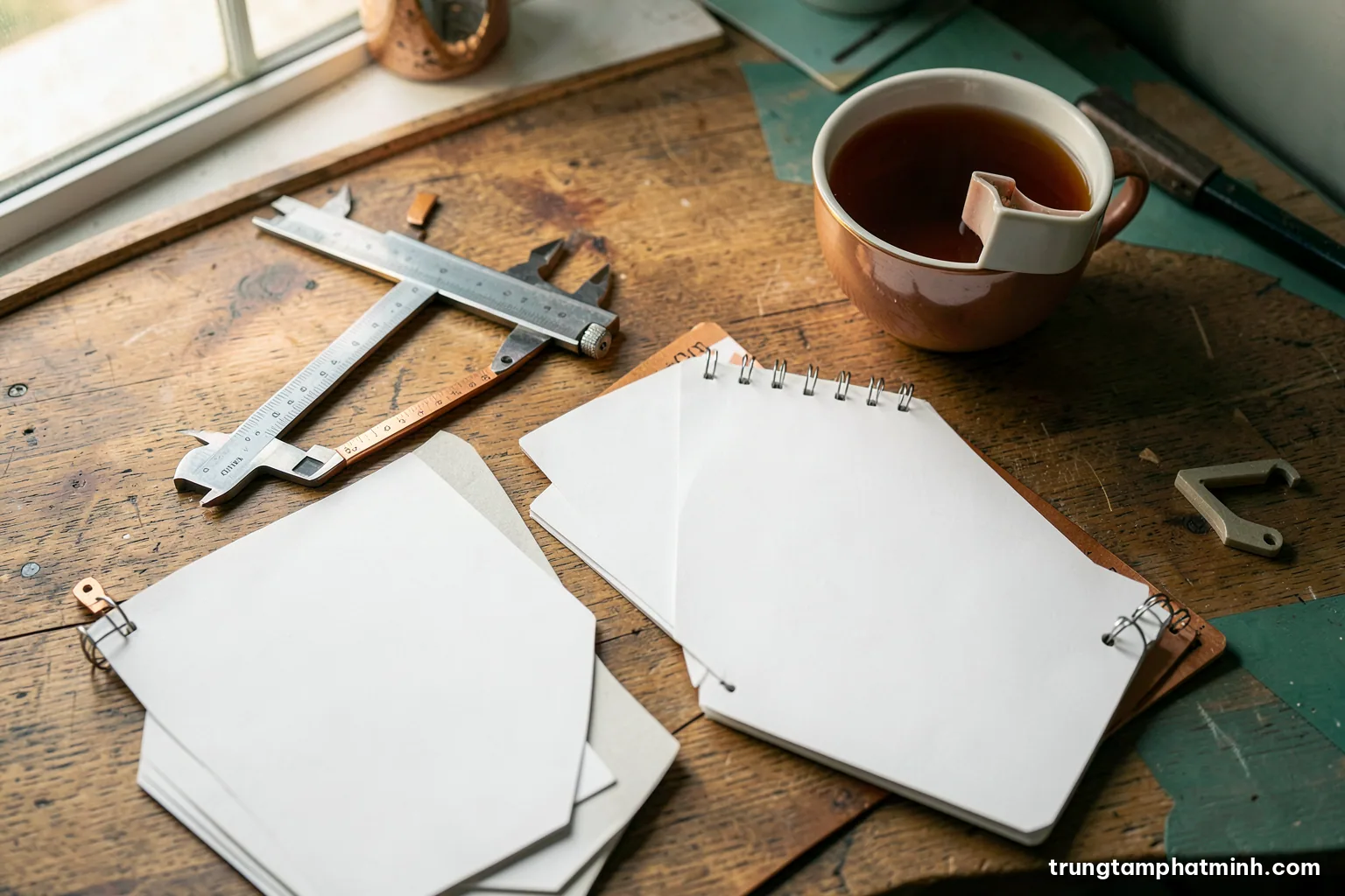 Top-down view of a tidy wooden desk with a measuring caliper, a prototype plastic part, blank notebook pages and a cup of tea, soft morning window light, muted green palette