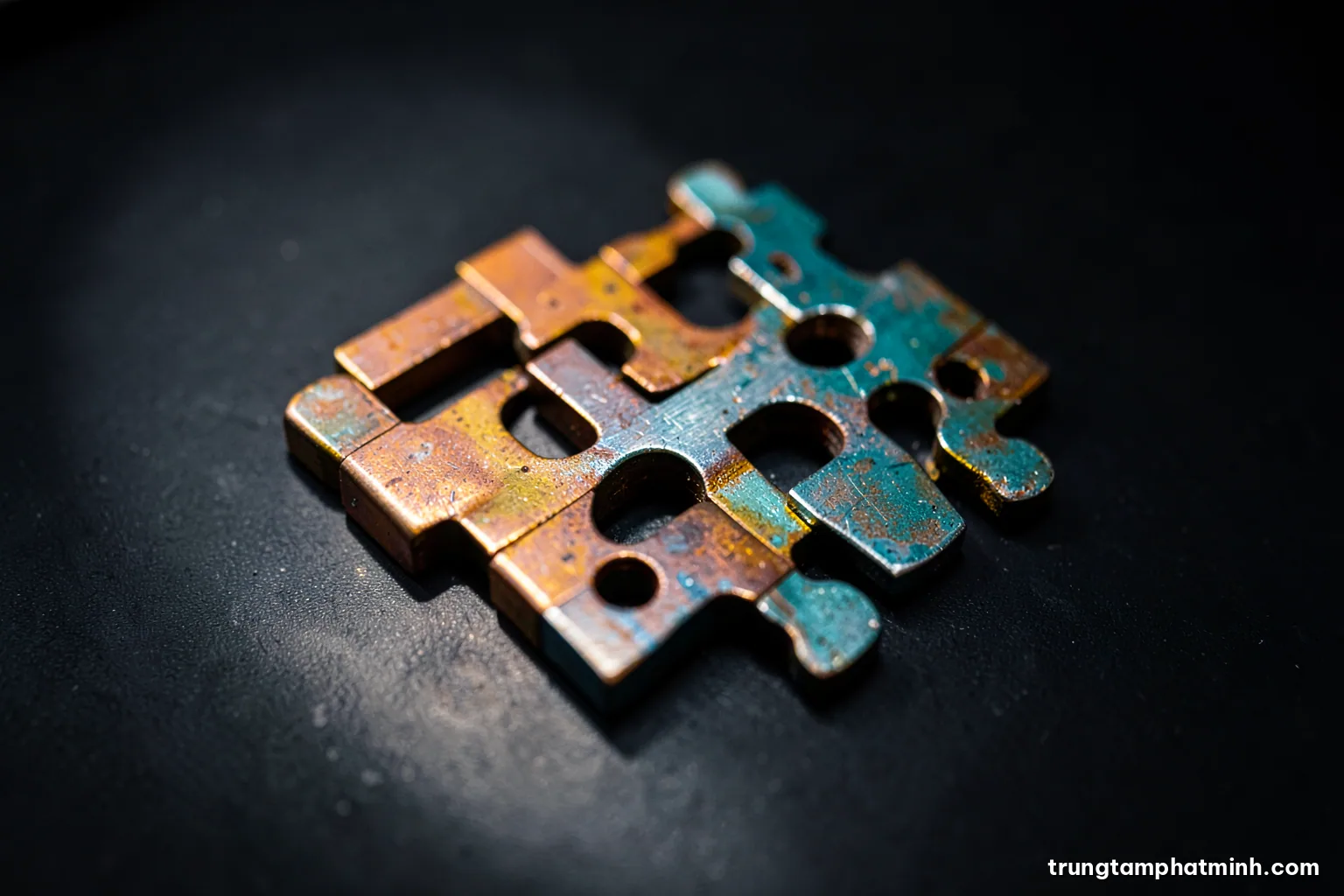 Extreme close-up of interlocking puzzle-like machined metal parts on a matte black surface, single hard spotlight from the left, high contrast silver and charcoal tones
