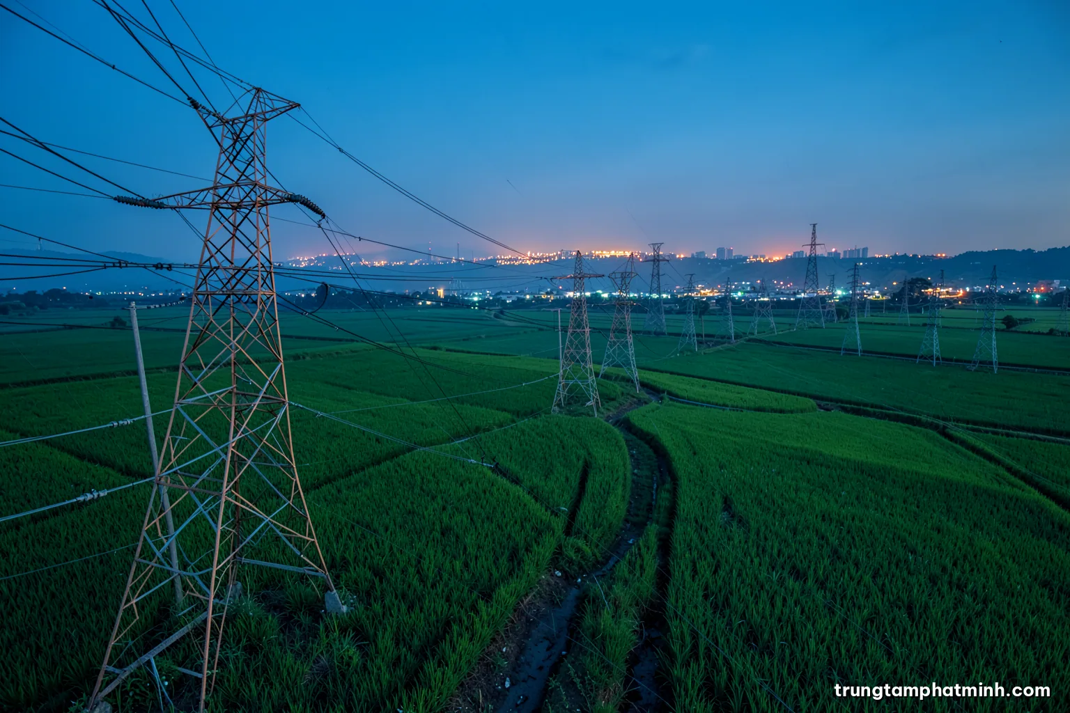 Wide aerial view at blue hour of high voltage transmission towers marching across green rice fields toward a distant city glow, long exposure, cool blue and amber tones