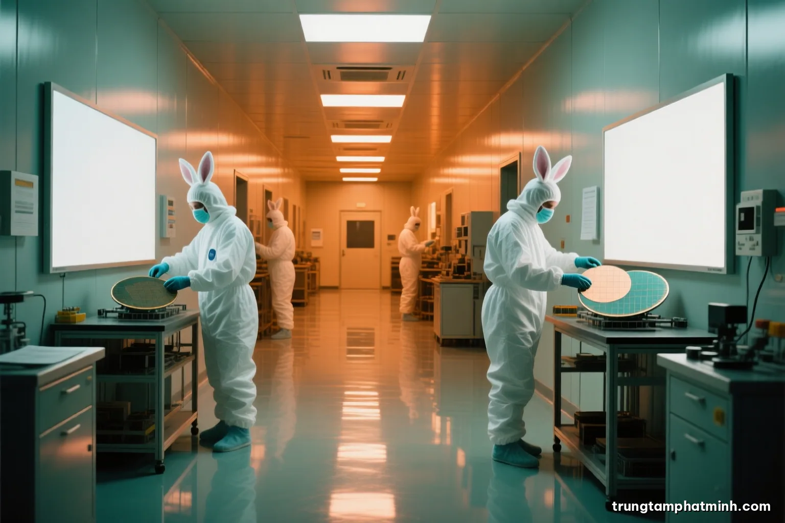 Wide shot of a cleanroom corridor bathed in amber lithography light, technicians in white bunny suits handling a silicon wafer, reflective floor, symmetrical composition, faces hidden