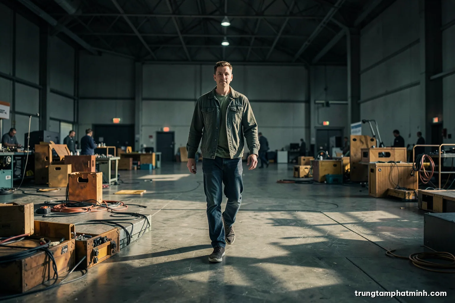 Low-angle photograph of a lone engineer walking across a vast empty exhibition hall after an expo, scattered prototype crates and cables, long shadows, muted dusk palette