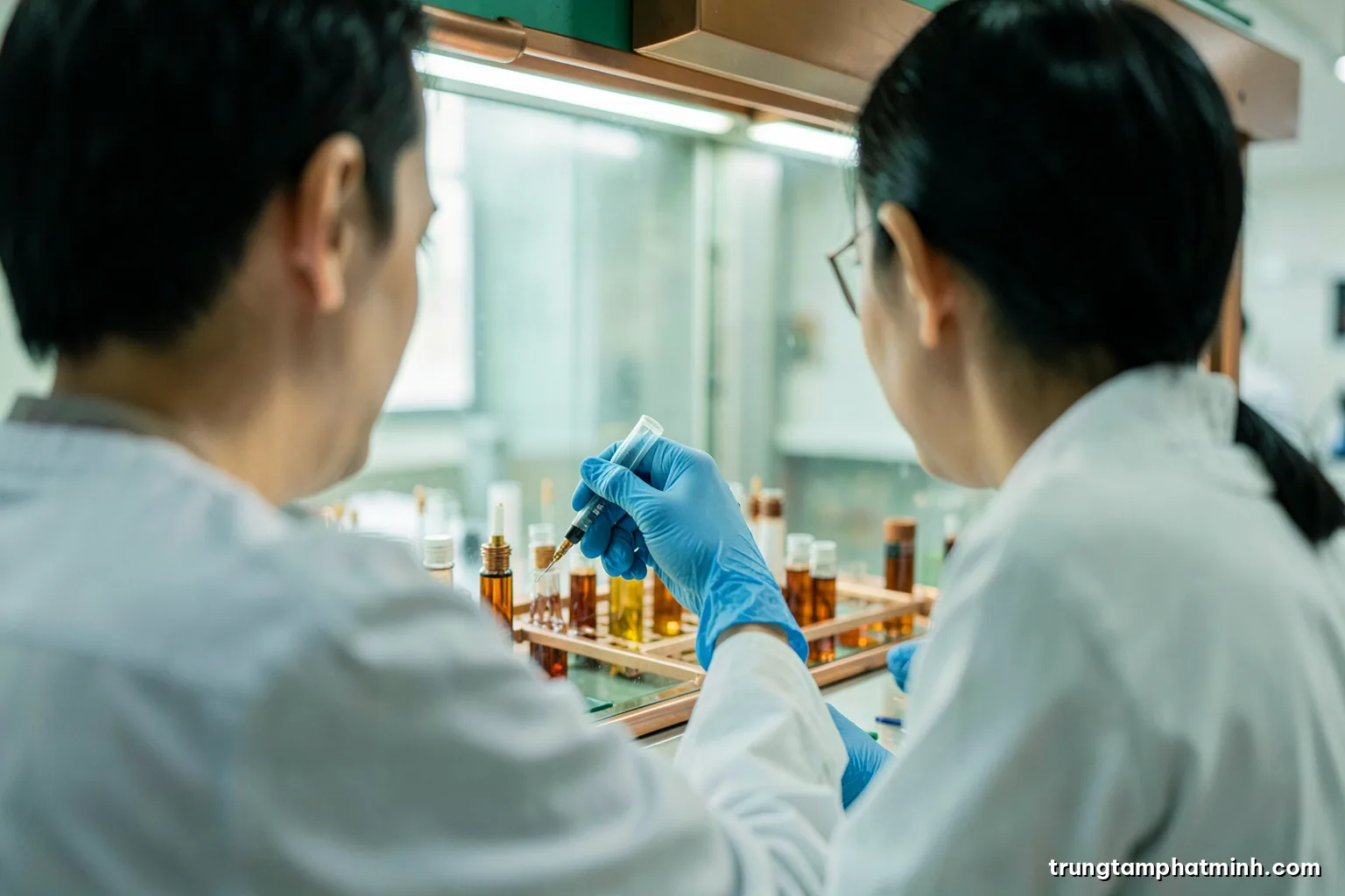 Over-the-shoulder view of a Vietnamese researcher in nitrile gloves pipetting into a row of small tubes inside a biosafety cabinet, soft green and white tones, natural daylight