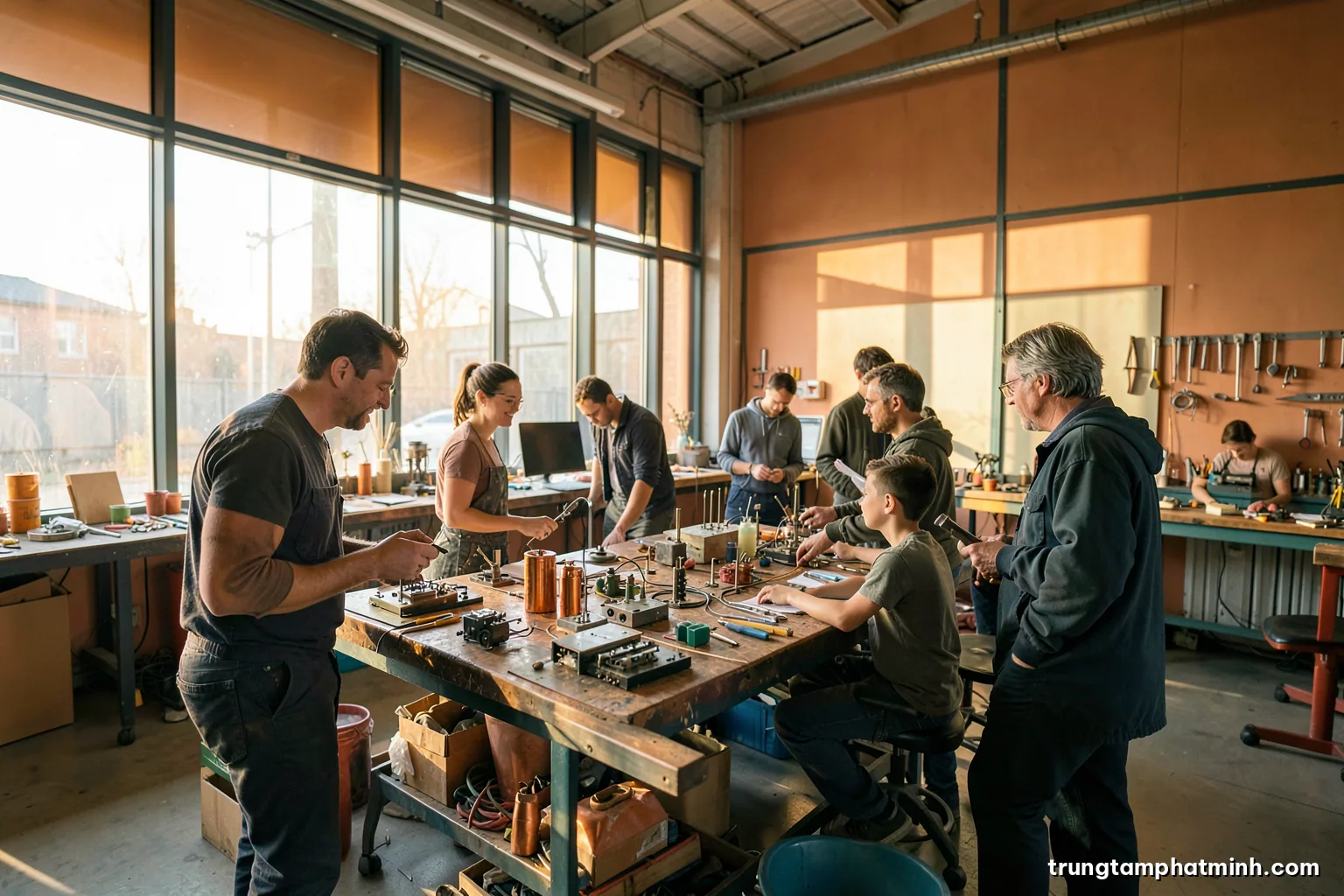 Wide shot of an open-plan innovation lab with glass walls, small mixed teams gathered around a bench of hardware prototypes, warm afternoon light, terracotta and sage tones
