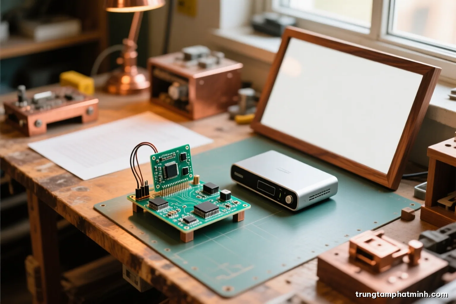 Top-down view of a workbench where an early hand-built circuit prototype sits beside a sleek finished consumer device, soft north window light, walnut wood and copper tones