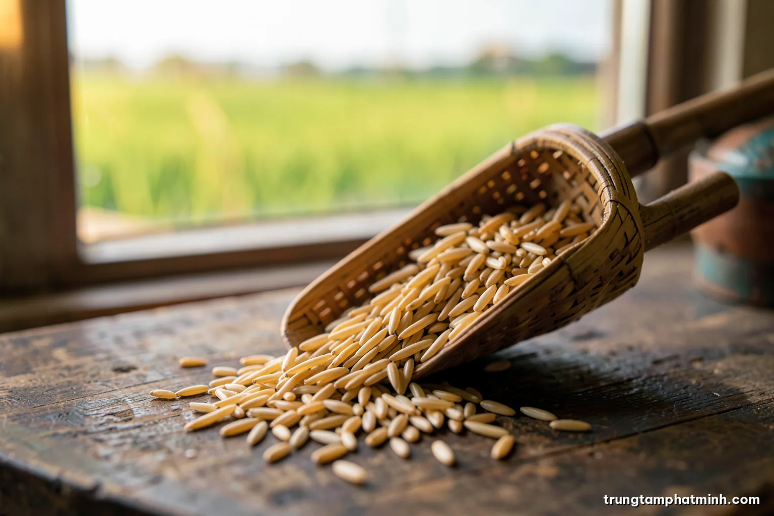 Macro close-up of long slender rice grains spilling from a woven bamboo scoop onto dark wood, a blurred paddy field beyond a window, soft golden side light, cream and brown palette
