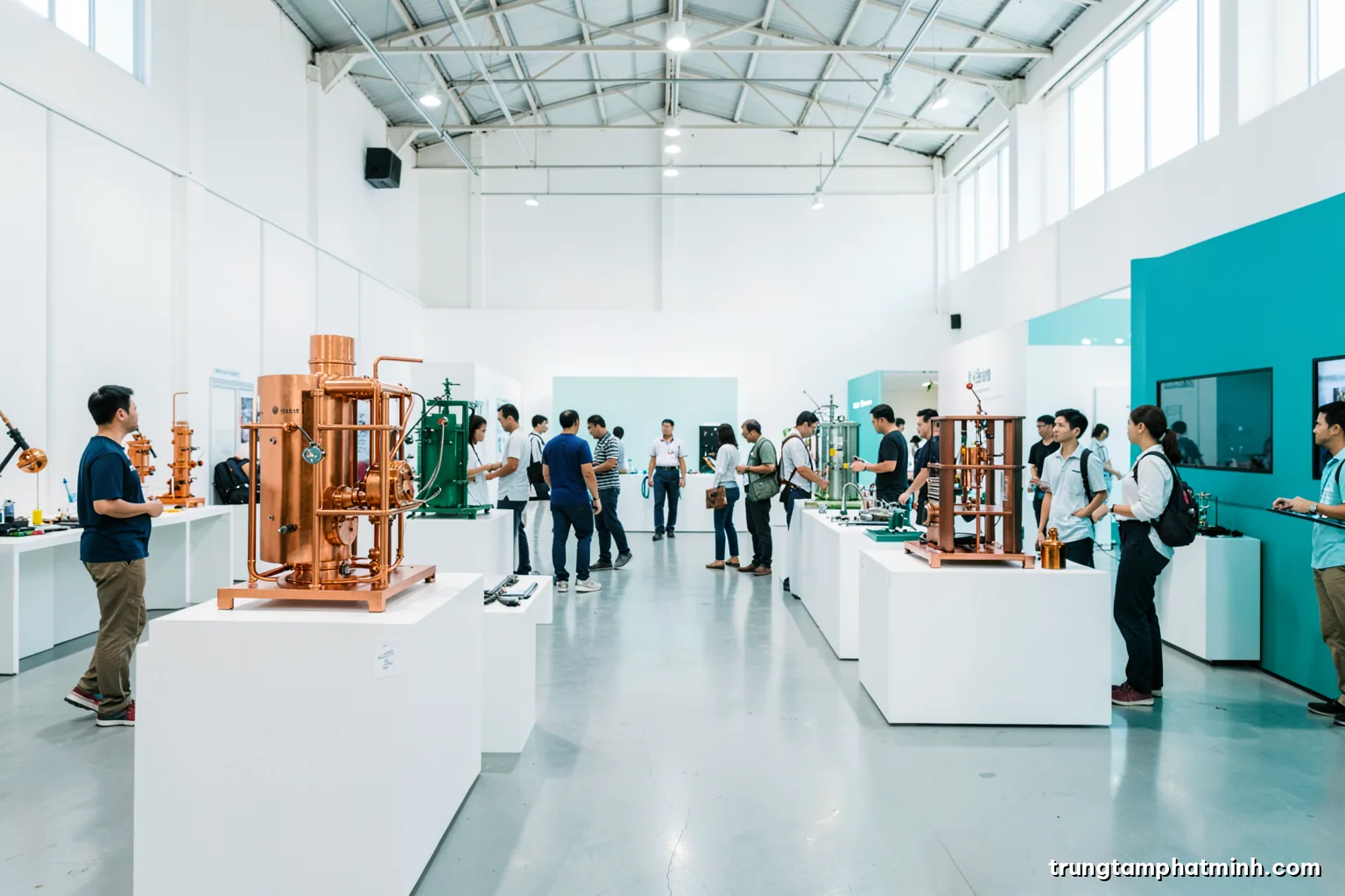 Wide shot of a bright exhibition hall with several engineering prototypes on white plinths, small groups of Vietnamese visitors walking between them, cool daylight, white and teal palette