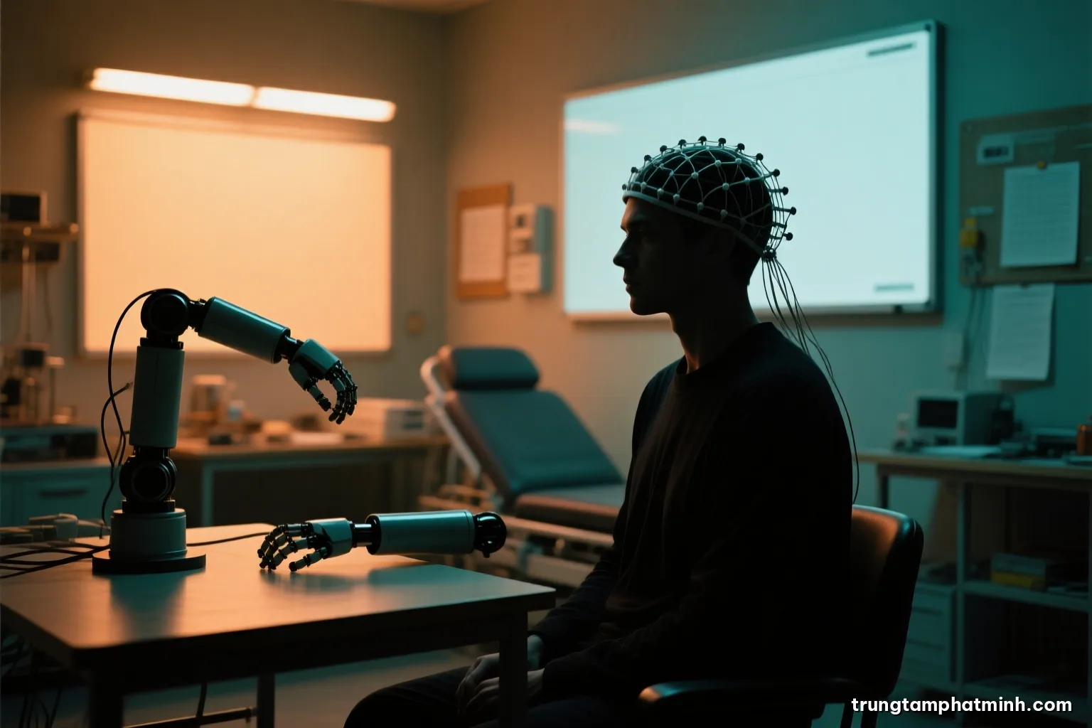 Silhouette of a person seated in a dim rehabilitation room wearing a lightweight electrode cap, a robotic arm resting on the table, soft amber backlight, quiet mood