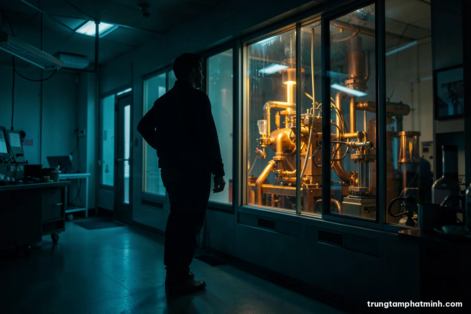 Silhouette of a founder standing before a large window in a dim cleanroom corridor, glowing amber process equipment behind glass, deep teal shadows, cinematic wide shot
