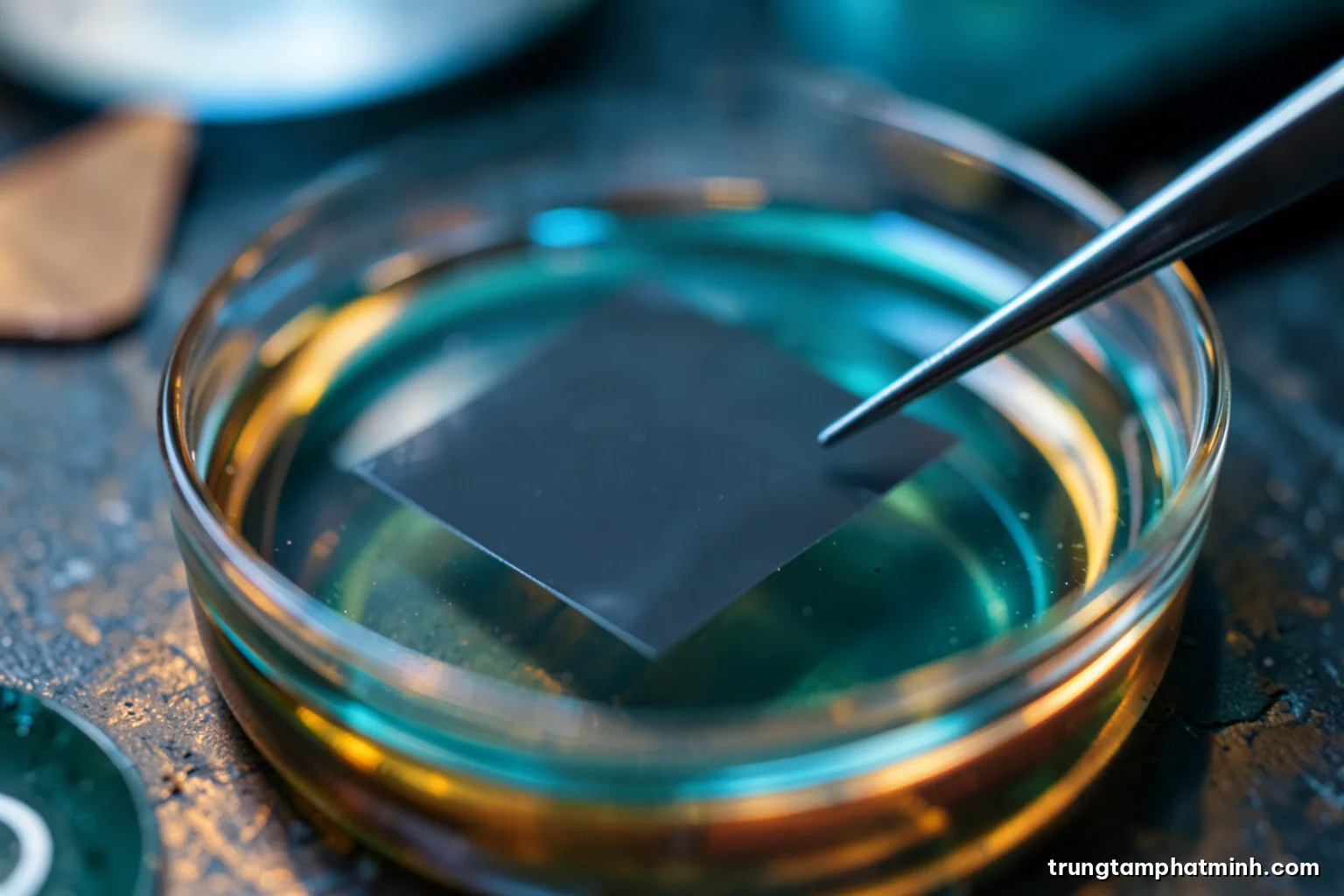 Extreme macro of a translucent dark gray film floating on water in a petri dish, tweezers at edge, cool blue laboratory light, shallow depth of field