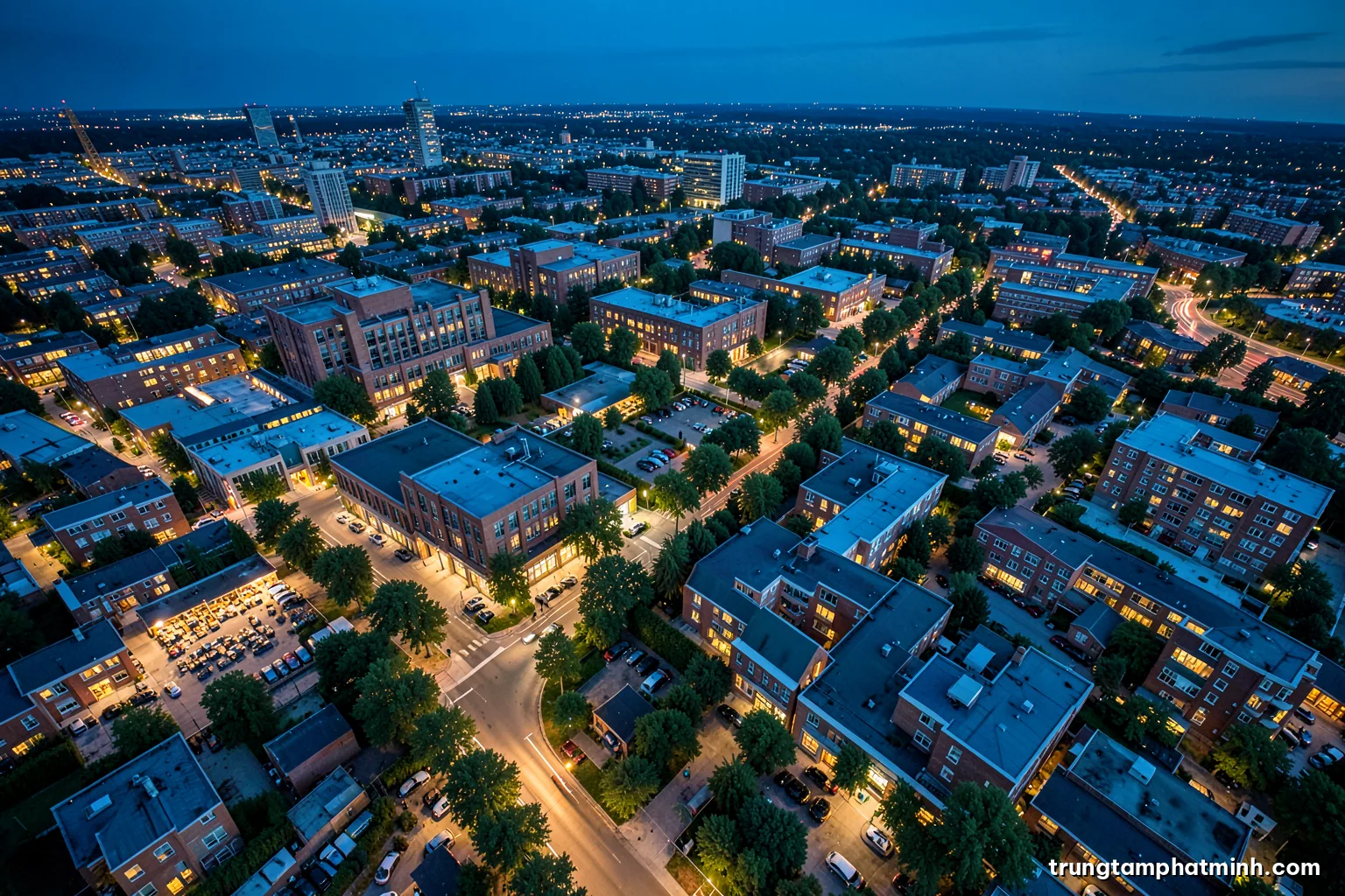 High aerial view at blue hour of a city district with a university campus, research parks and residential blocks linked by tree-lined avenues, glowing windows, indigo and gold