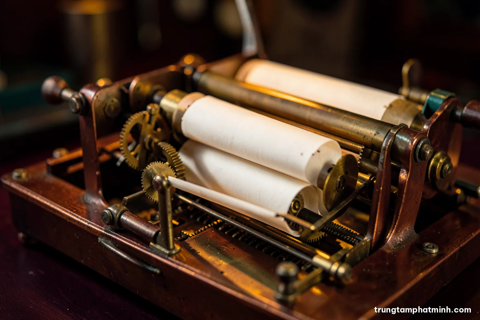 Close-up of a vintage player piano mechanism with a perforated paper roll and brass gears, shallow depth of field, dramatic side light, deep burgundy and gold tones
