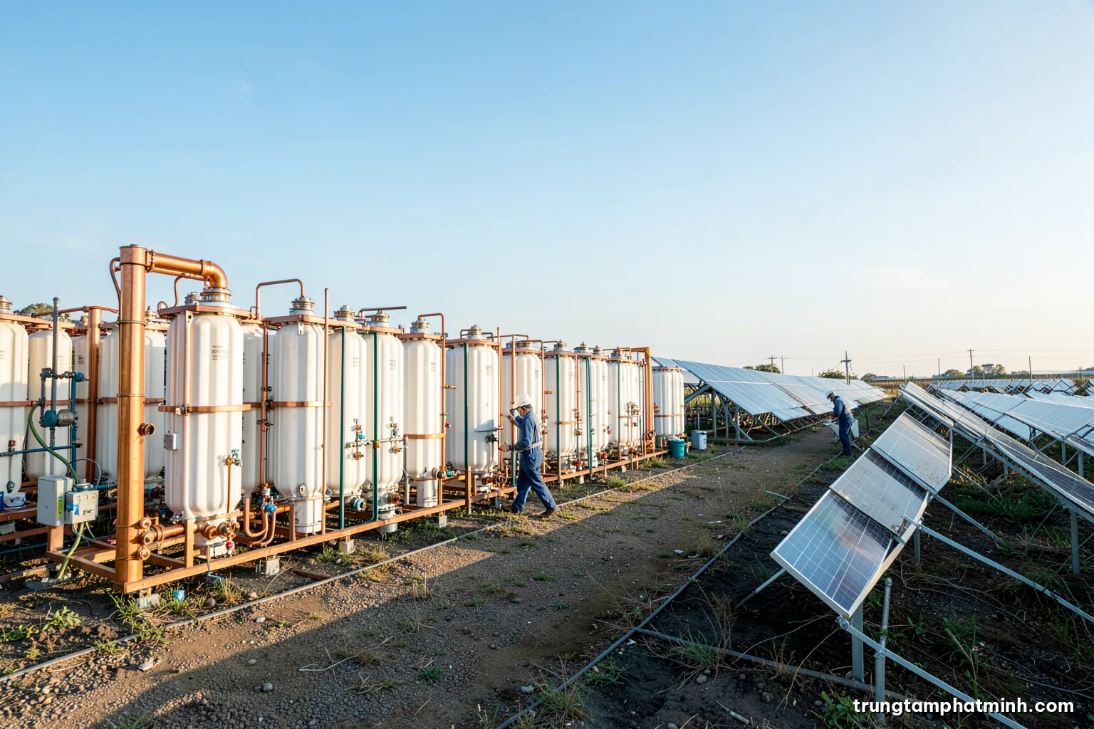Wide shot of rows of white industrial electrolyser containers beside a field of solar panels under a clear morning sky, a technician walking away, crisp blue and white palette