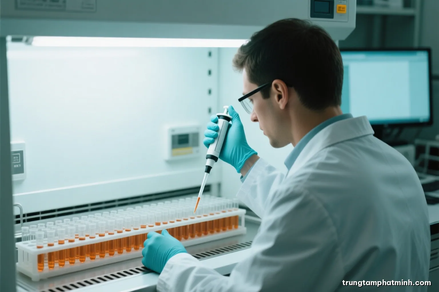 Over-the-shoulder view of a researcher in a white coat working at a laminar flow hood, pipette in gloved hand, rows of small tubes, cool clinical light, white and teal palette