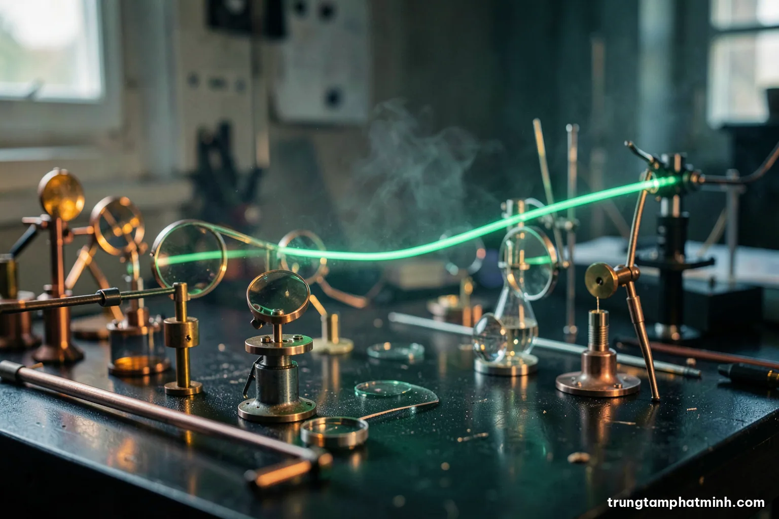 A thin green beam crossing a dark optics laboratory table, passing through lenses and mirrors on precision mounts, faint haze making the beam visible, side angle, cinematic contrast