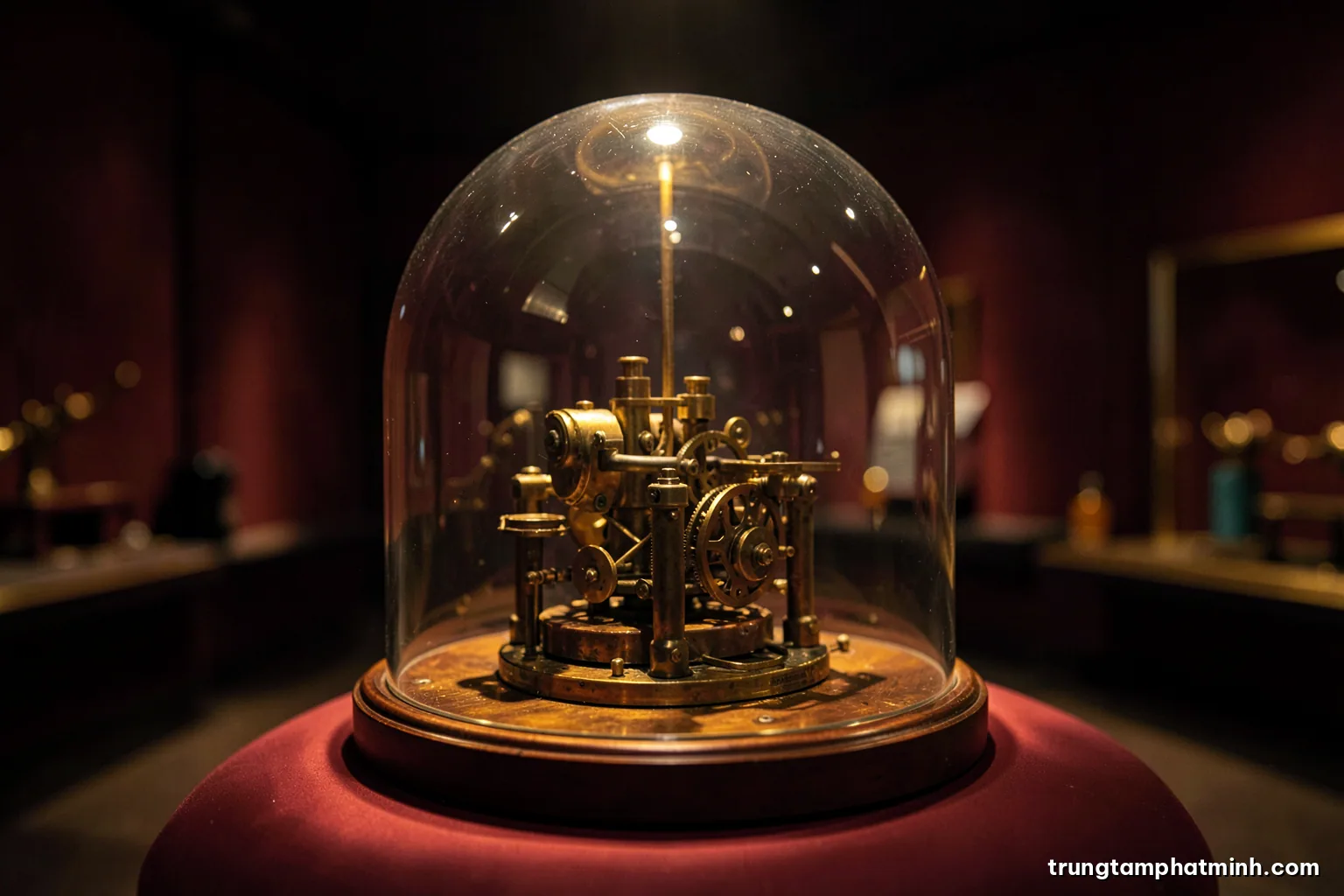 Macro shot of an antique brass and wood mechanical model under a glass dome in a dim museum hall, warm tungsten spotlight, deep burgundy and gold palette