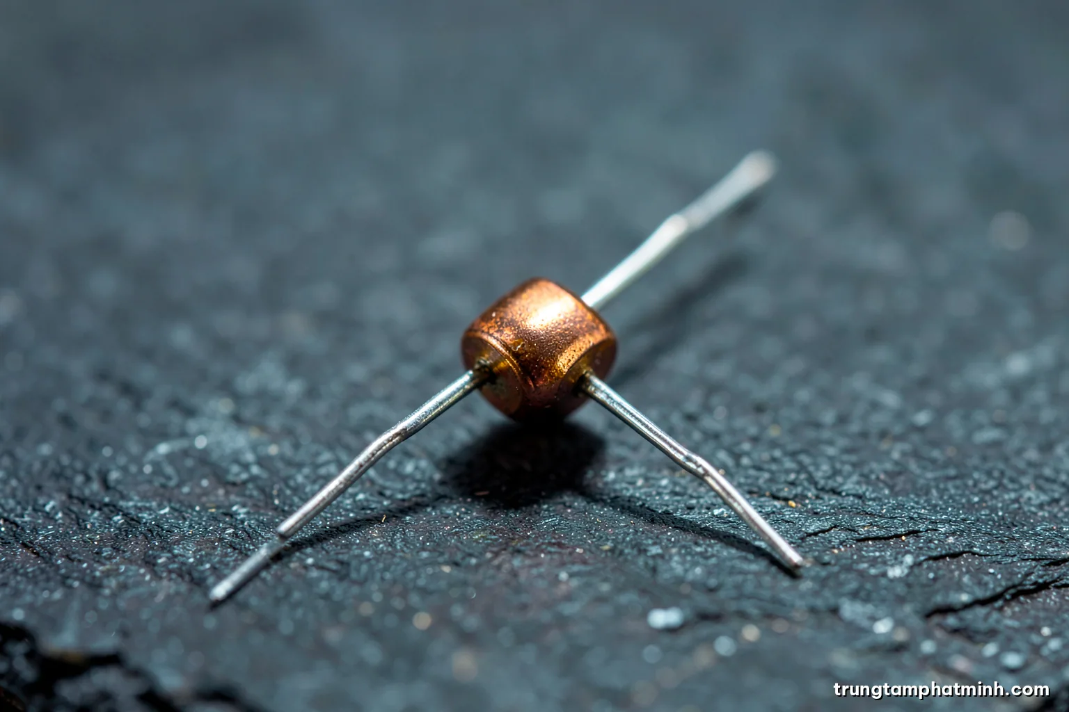 Extreme macro of an early germanium transistor with three thin wire legs resting on dark slate, single hard rim light, metallic silver and charcoal tones, minimal composition