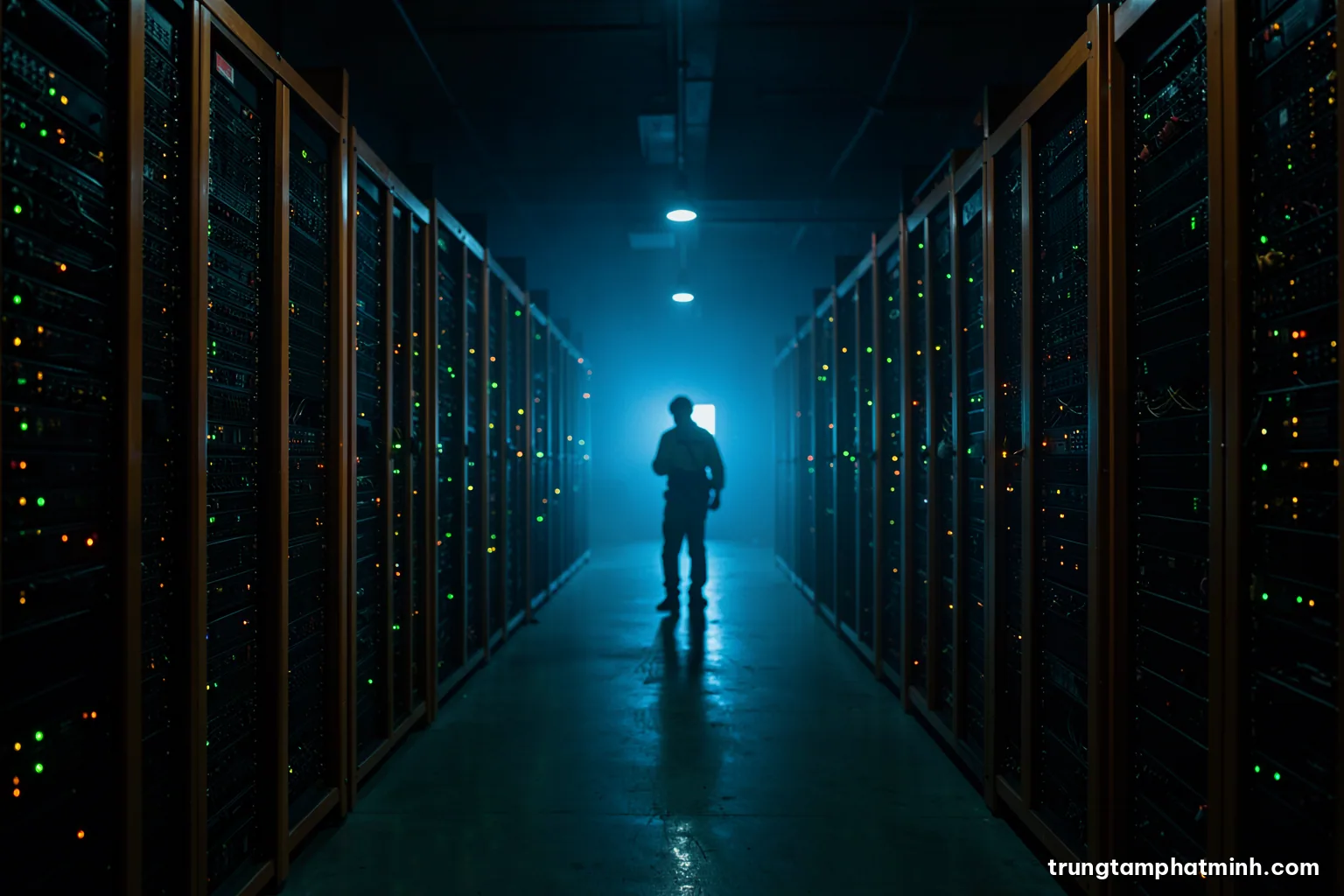 Wide night shot inside a dim server hall, rows of racks fading into darkness, tiny green and amber status lights, a technician silhouetted at the far end, cool blue haze