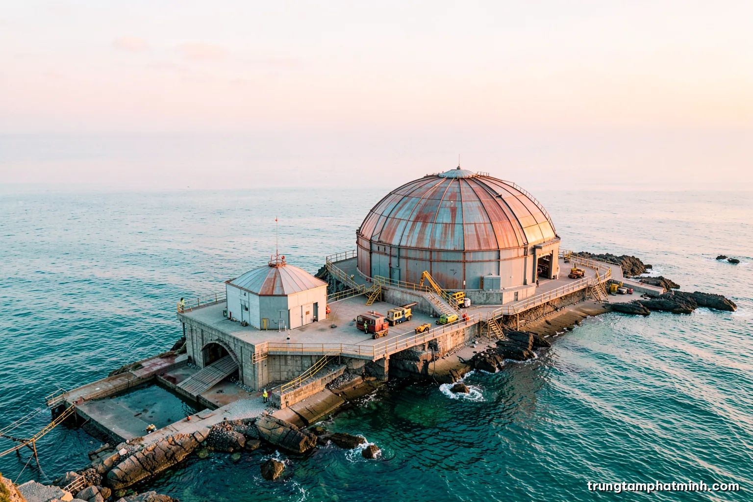 Aerial wide shot of a compact coastal power station with a single domed containment building beside a calm sea at dawn, soft pastel pink and teal palette