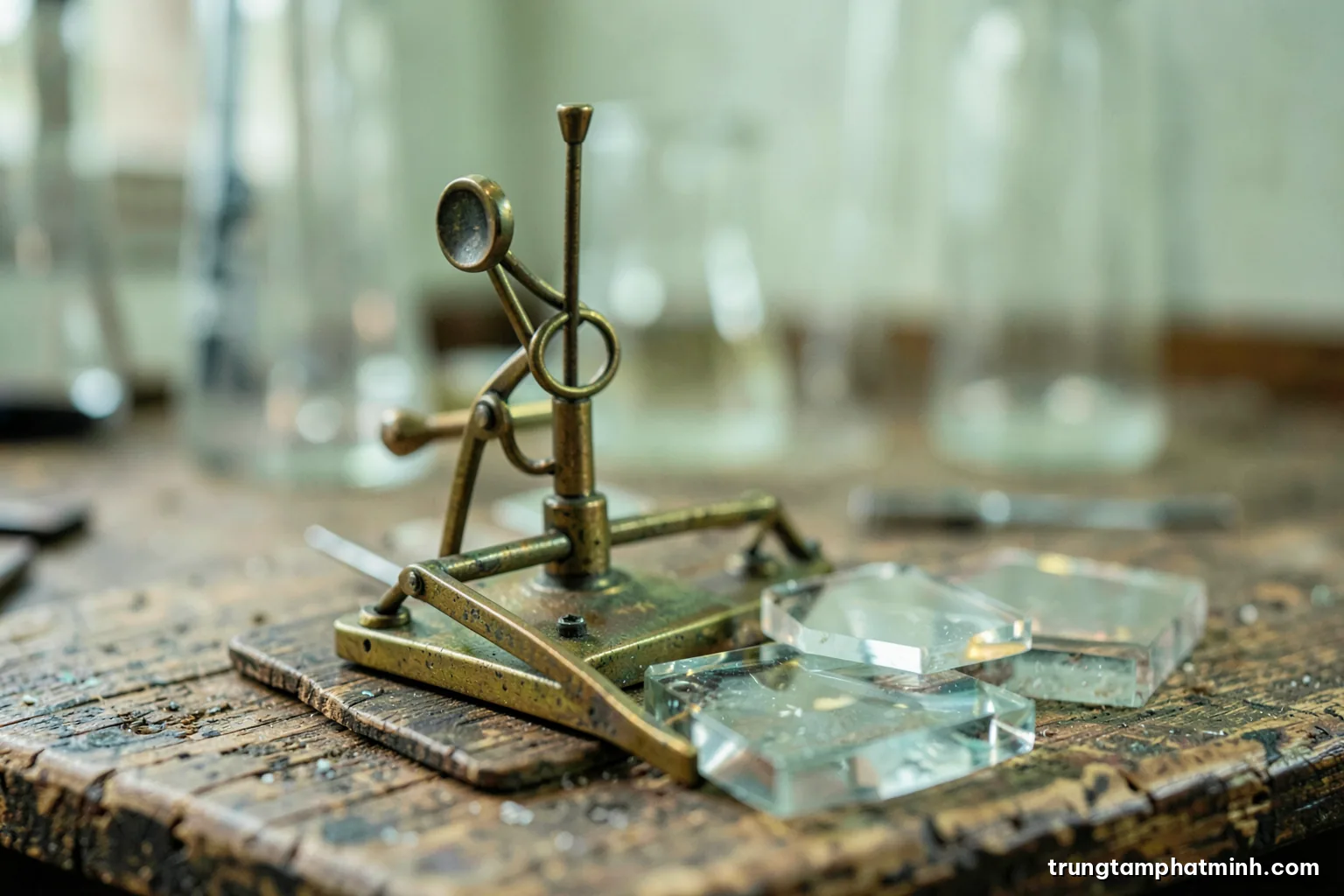 Macro shot of an antique brass electrometer and quartz plates on a scarred wooden bench, glass beakers blurred behind, pale greenish light, muted bronze and olive tones