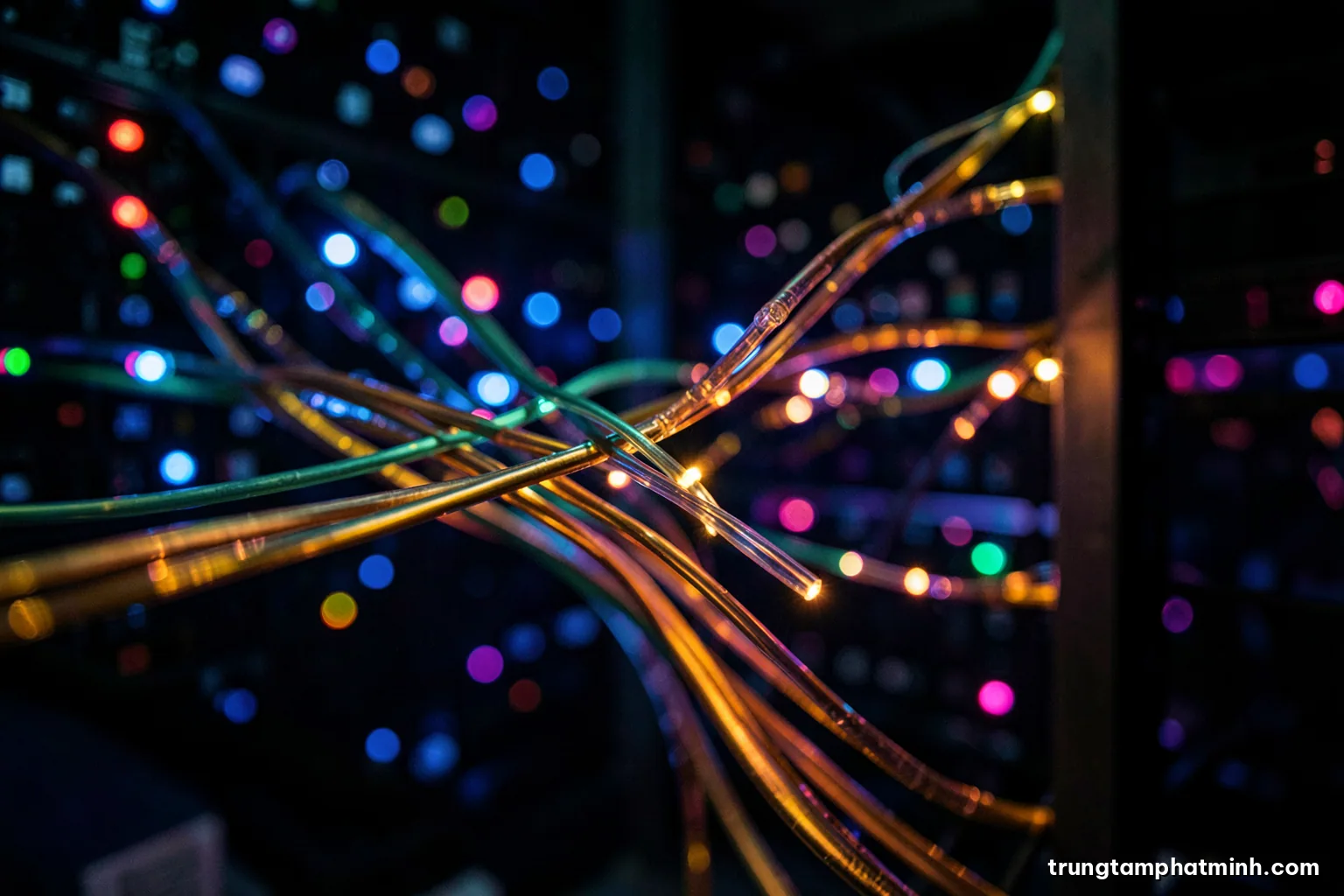 Close-up of fiber optic cables glowing in a dark server room, rows of blinking indicator lights in the background, deep blue and magenta tones, shallow focus