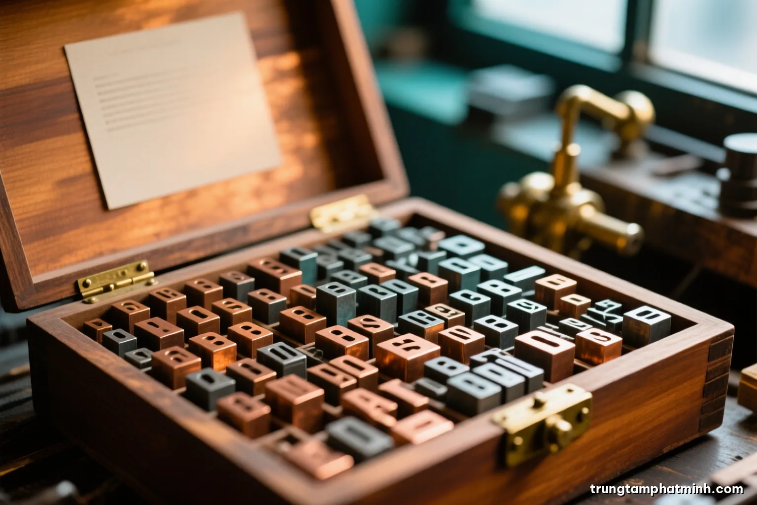 Macro close-up of hundreds of small cast metal type sorts packed in a wooden case, faces turned away from camera, warm side light from a workshop window, brass and walnut tones