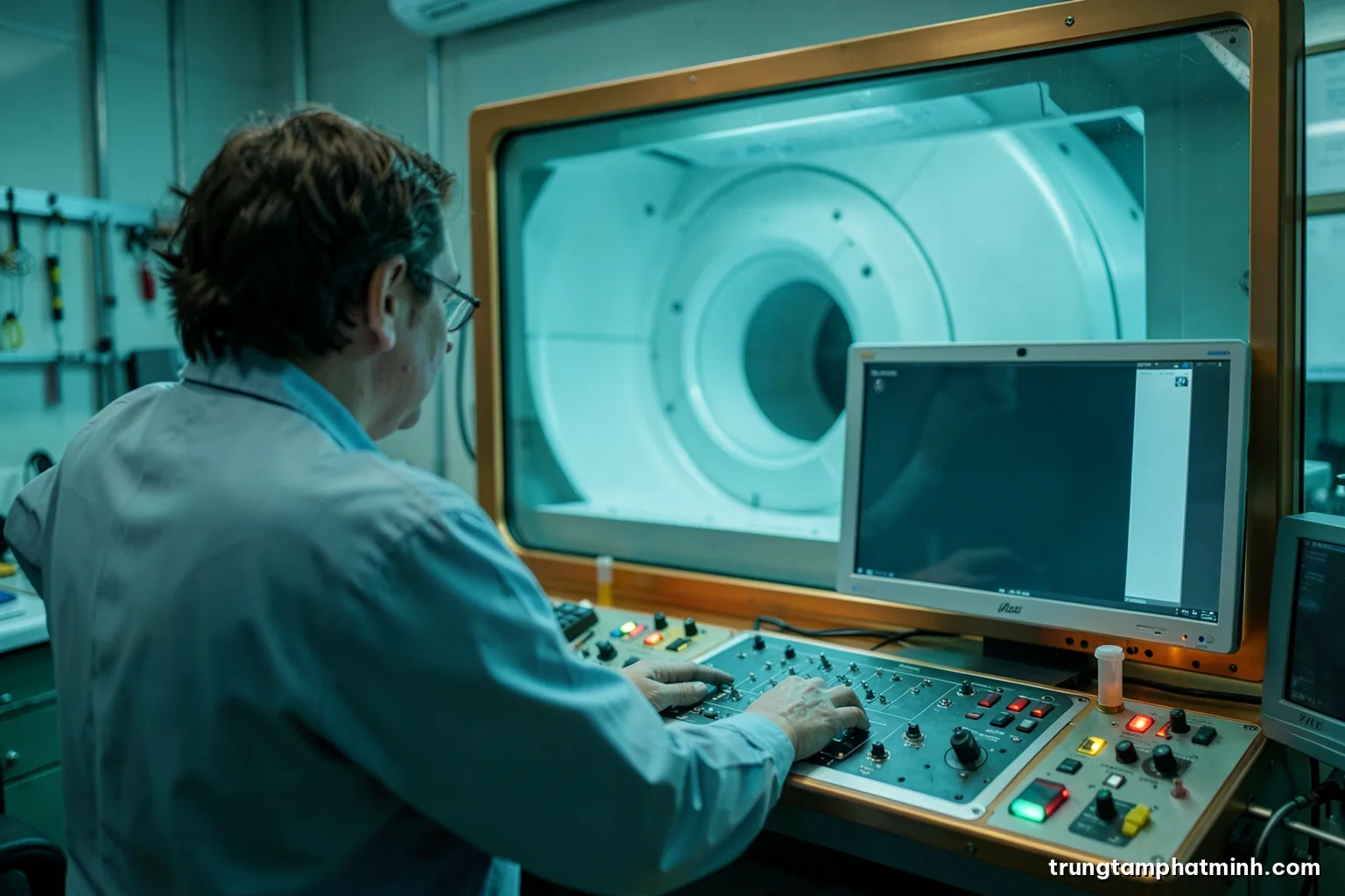 Over-the-shoulder view of a radiographer at a control desk looking through a glass window at an empty MRI scanner bore, cool teal lighting, calm clinical atmosphere, blank monitors