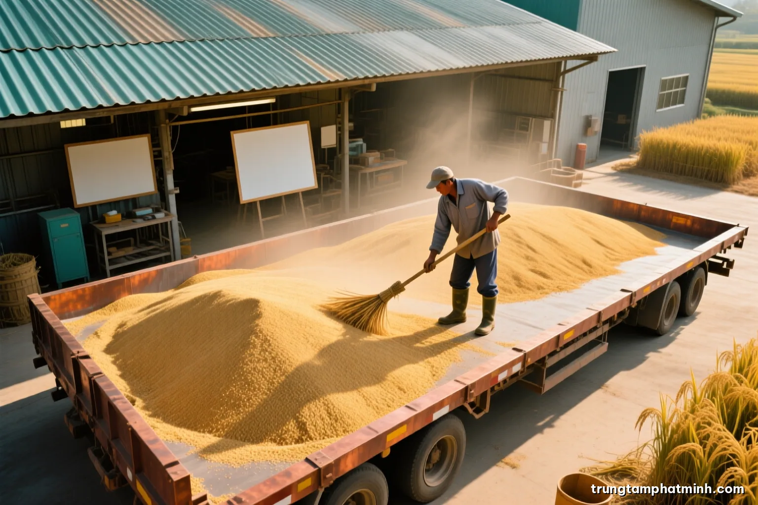 High angle view of a large flat-bed grain dryer filled with golden paddy under a corrugated roof, a worker in boots raking the surface, hazy afternoon light, warm yellow and grey tones