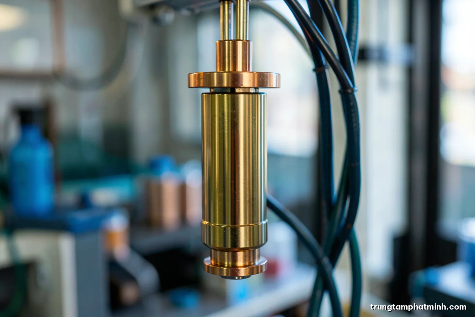 Macro photograph of a gold-plated dilution refrigerator hanging in a clean laboratory, copper plates and coaxial cables, cool blue rim light, shallow depth of field