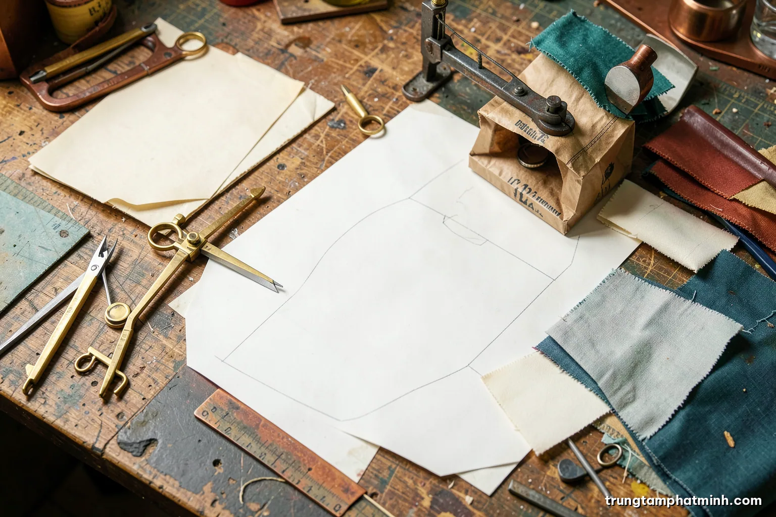 Overhead shot of a cluttered vintage drafting table with brass compasses, a small paper bag machine model, fabric swatches and blank tracing paper, soft north light, ivory and slate blue