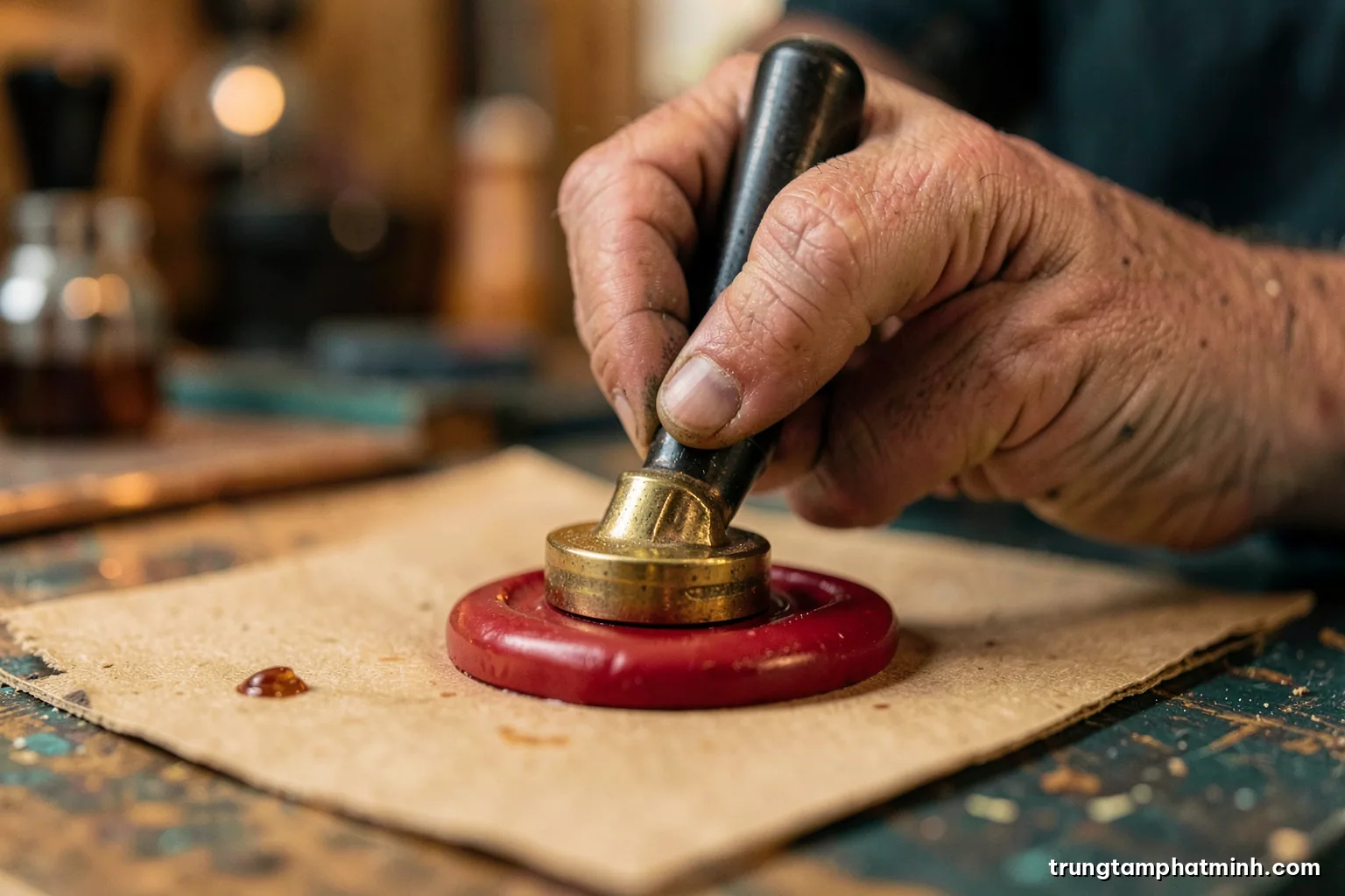 Low angle macro of an artisan pressing a brass stamp into warm red sealing wax on kraft paper, shallow depth of field, workshop background blurred, amber and burgundy tones