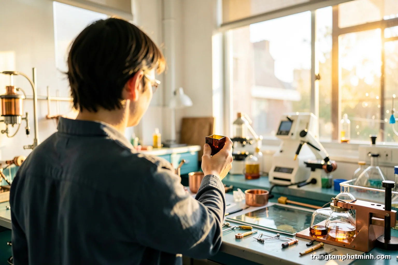Wide shot of a bright solar materials laboratory with a researcher seen from behind holding a small dark amber glass square toward a window, morning sunlight, gold and white tones