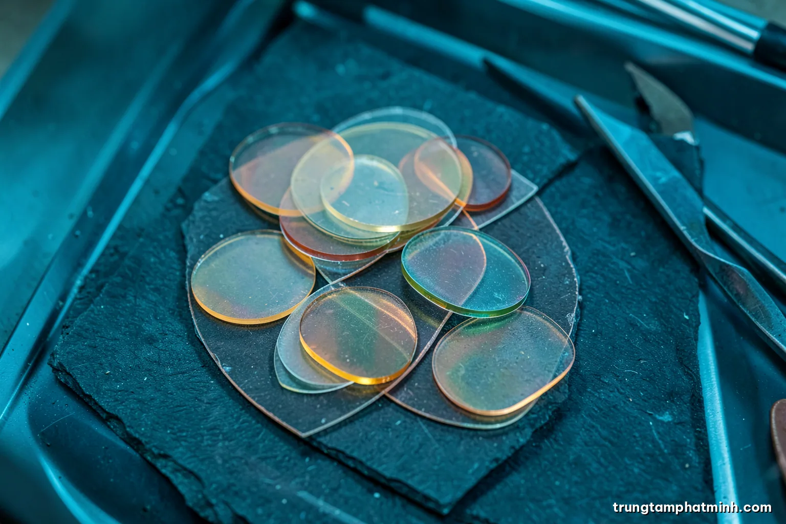 Top-down macro view of thin translucent ceramic discs and stacked metal foils arranged on a dark slate surface inside a glovebox, cool cyan light, minimalist composition