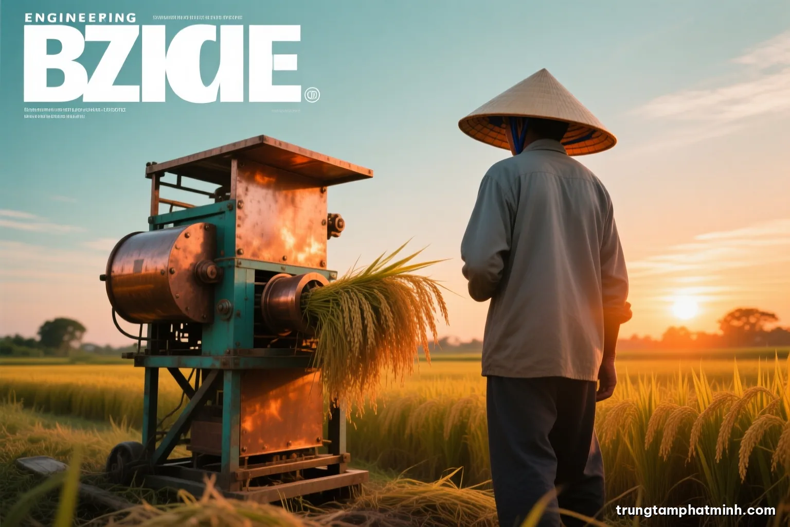 Low angle wide shot of a homemade rice harvesting machine standing in a golden paddy field at sunset, a Vietnamese farmer in a conical hat seen from behind, warm orange light