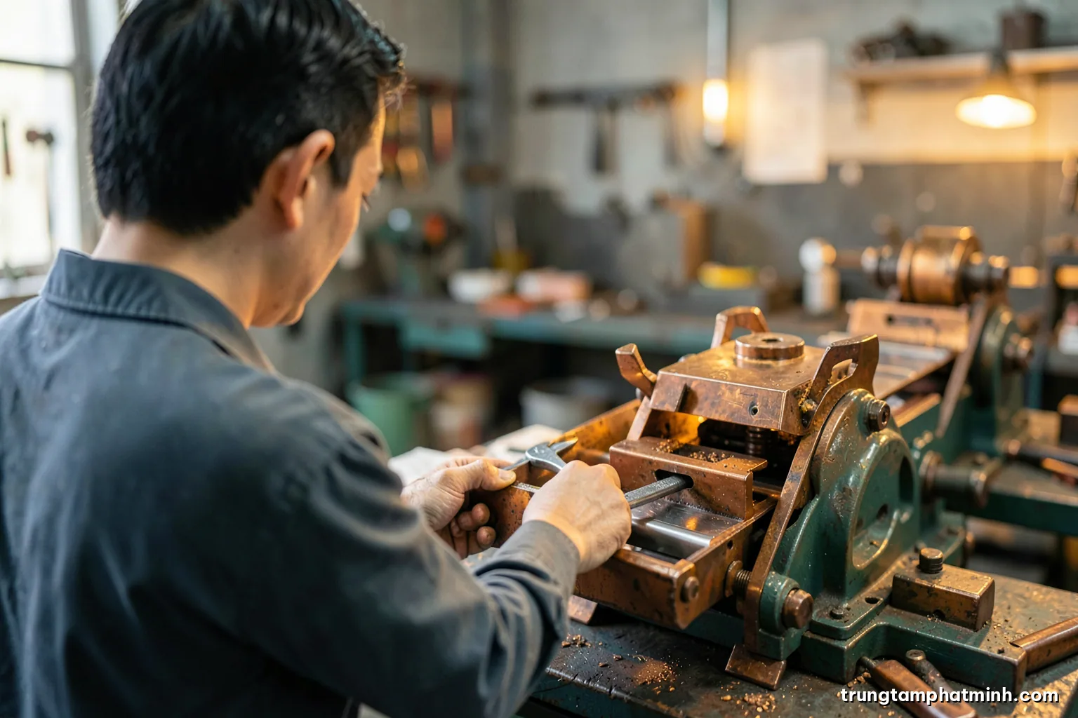 Over-the-shoulder view of a Vietnamese factory technician adjusting a modified conveyor jig with a wrench, warm workshop light, steel grey and amber tones, shallow depth of field
