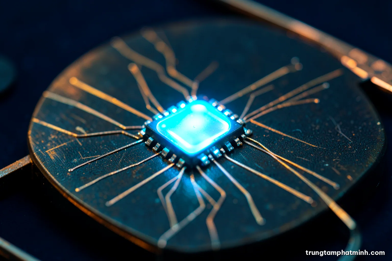 Macro view of a single glowing blue light-emitting diode chip on a dark wafer surface, fine metal traces catching the glow, deep navy background, crisp cyan highlights