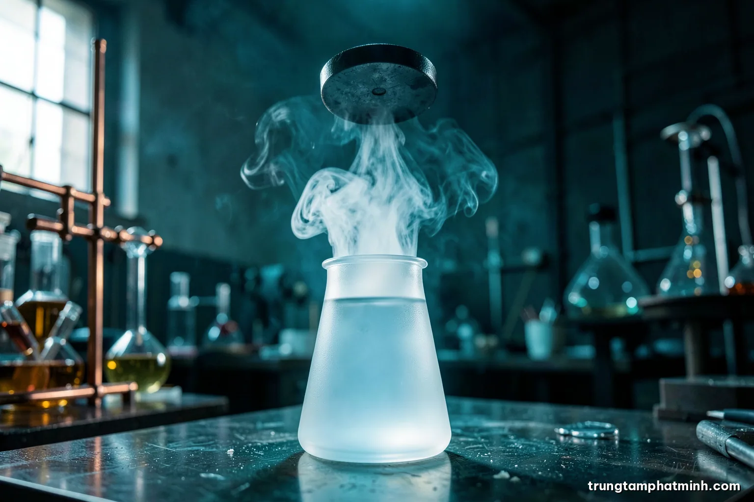 Low angle view of a frosted cryogenic dewar releasing white vapor in a dim physics laboratory, a small dark disc levitating above it, cold cyan and silver tones