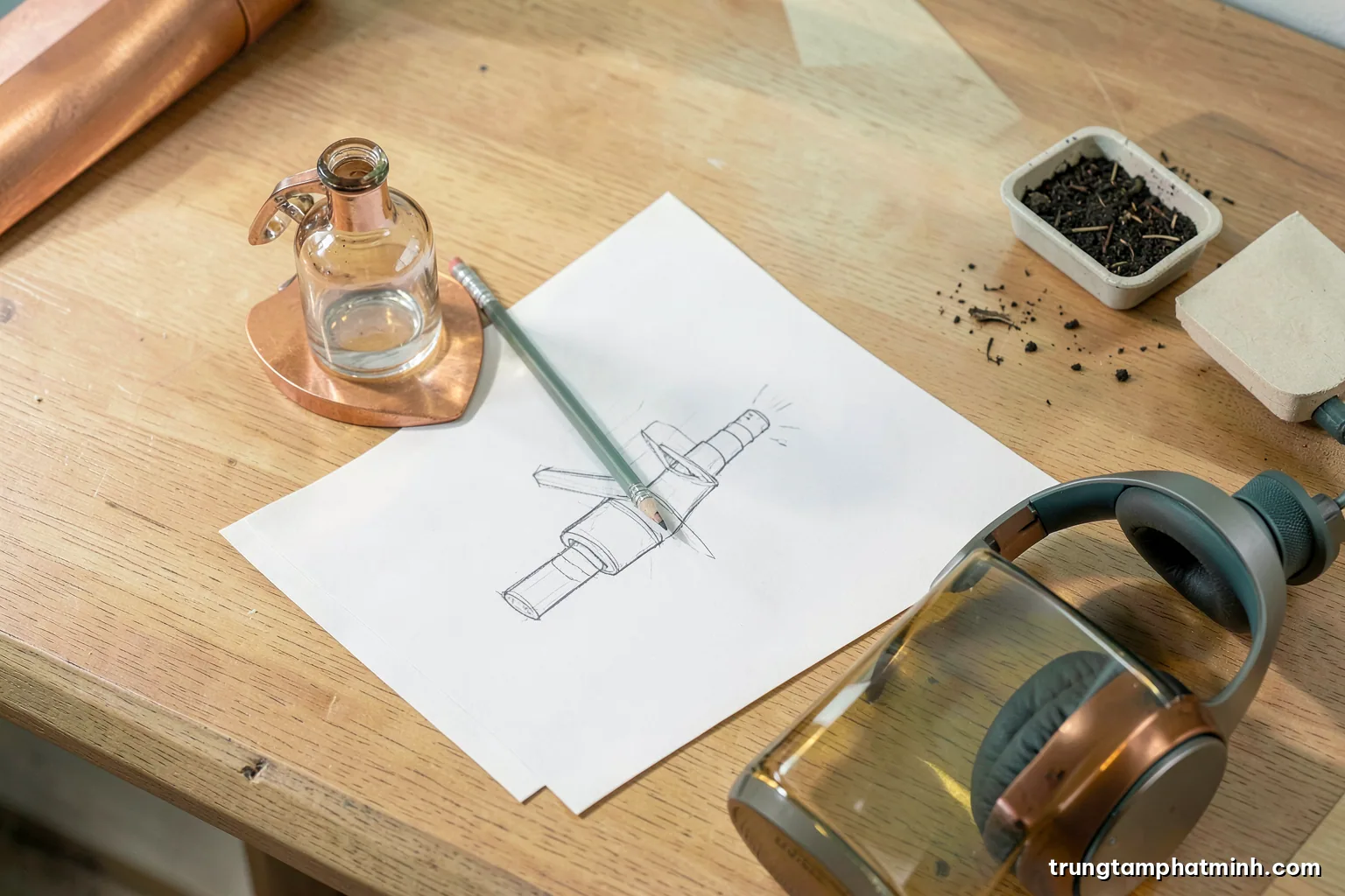 Top-down view of a minimalist oak desk holding a glass prototype bottle, a pencil sketch on blank paper, a small seed tray and headphones, soft north light, sage and cream palette