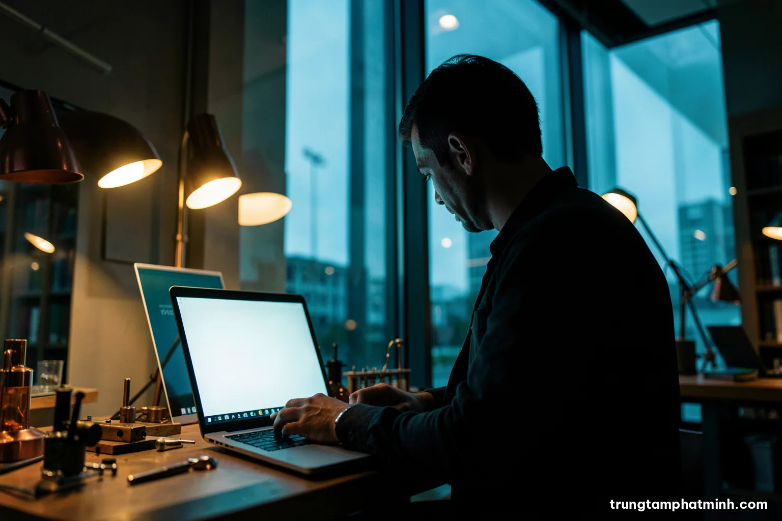 Low angle view of a researcher silhouetted against a tall window in a modern library at dusk, laptop with blank glowing screen, deep teal and warm lamp tones