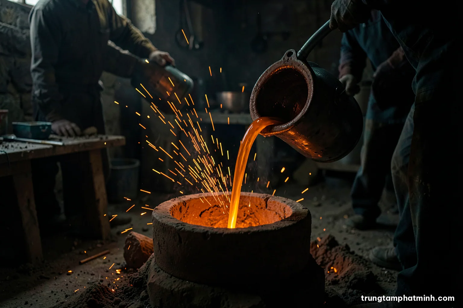 Dramatic low-key photograph of molten bronze being poured from a clay crucible into a buried mould in a dark earthen workshop, glowing orange sparks, artisans silhouetted