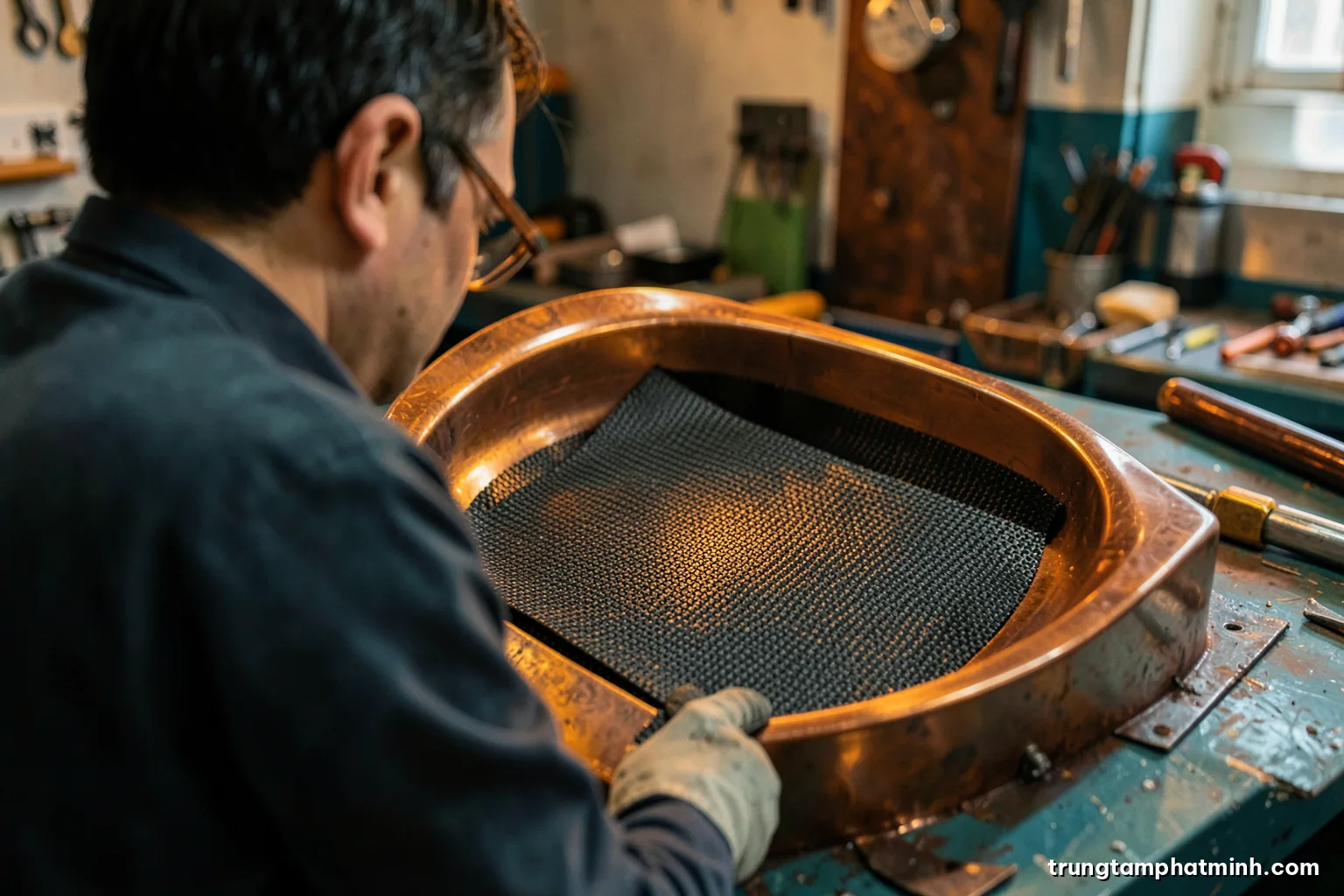 Over-the-shoulder view of a technician in gloves laying woven black carbon fiber sheets into a curved mold, warm workshop light, glossy textures, amber and charcoal palette