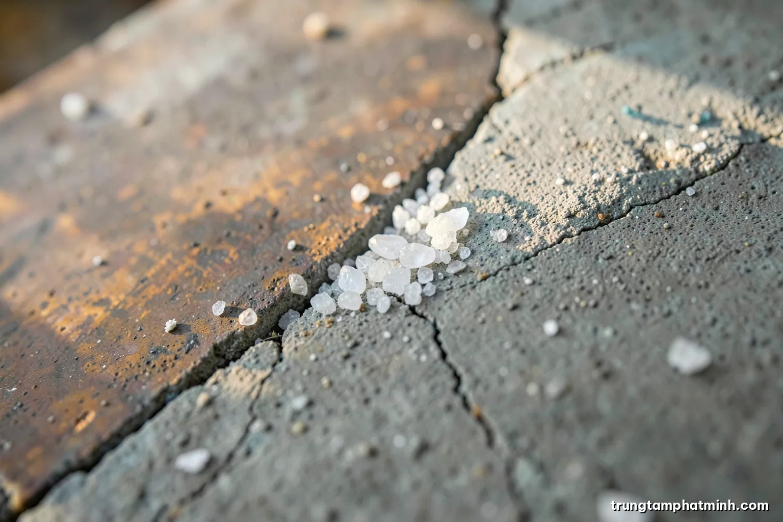 Extreme close-up of a hairline crack in gray concrete partly filled with white mineral crystals, raking side light, high detail texture, muted gray and ivory palette