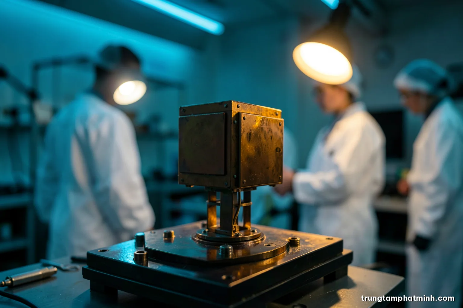 Silhouette of a small cube-shaped satellite model on a test stand inside a dim clean room, blue rim light and a single warm work lamp, technicians in white suits blurred behind
